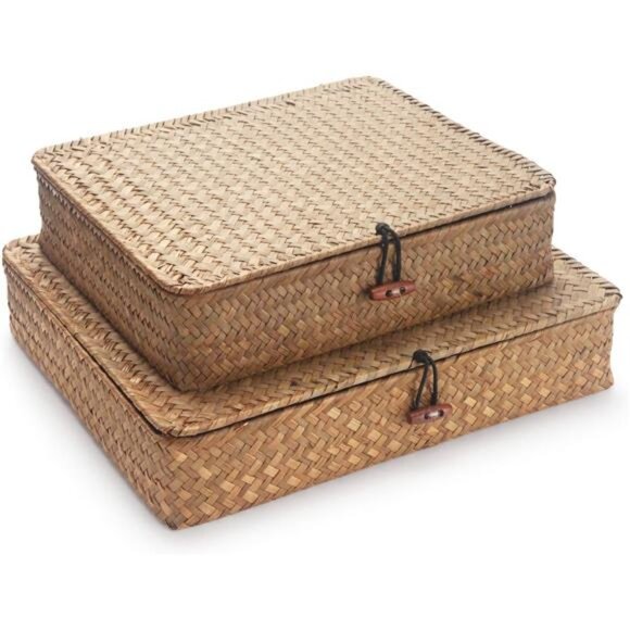 Seagrass Storage Basket Box with Lid Rectangular Woven Shelf Baskets Bins for - Picture 1 of 7